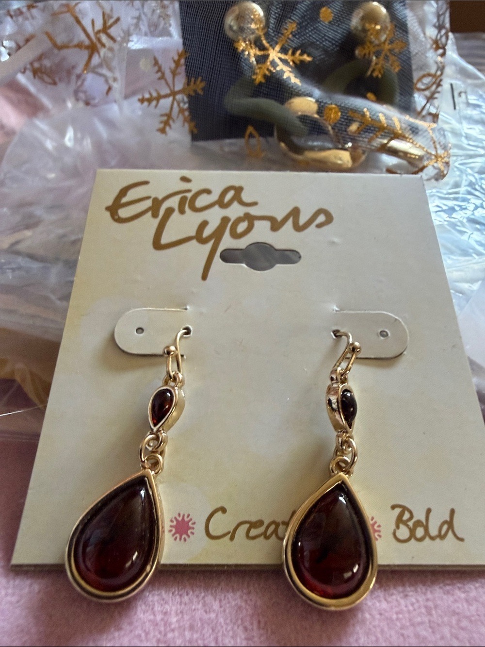 Erica Lyons Earrings, Gold Tone, Brown, Teardrop, 1” Drop, .5” teardrop (J0253)